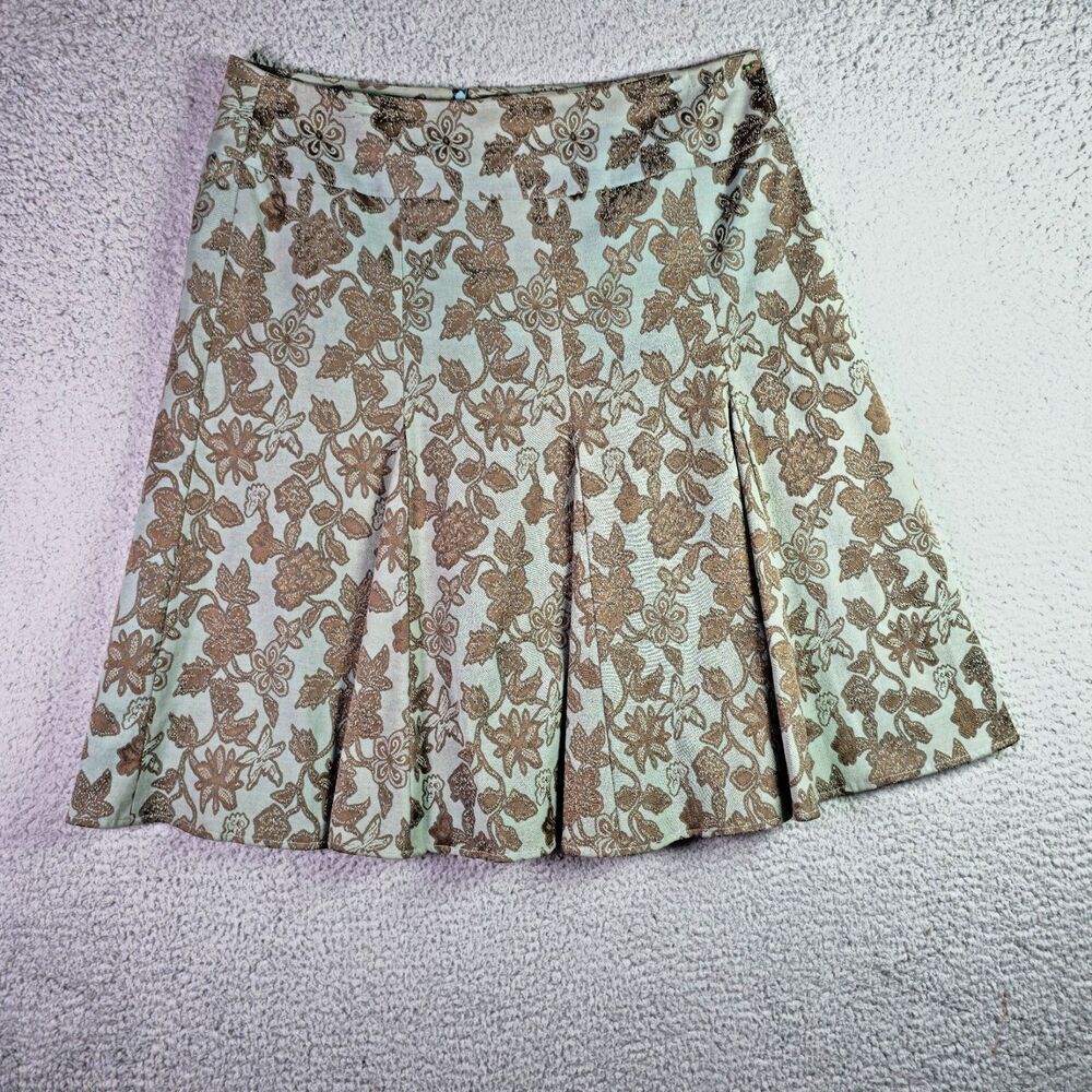 Dressbarn Full Skirt 14 Green Bronze Metallic Brocade Pleated A-Line Comfort